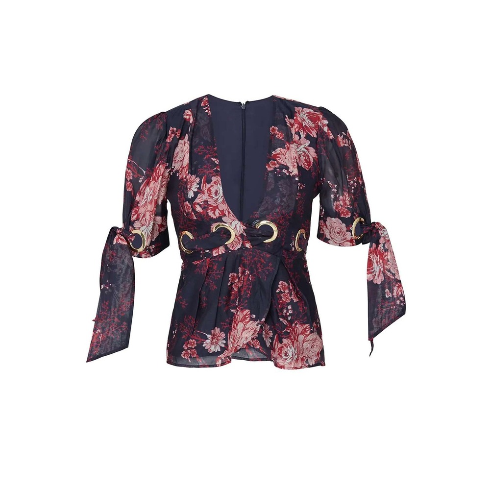 Alice McCall Floral Silk Blend Grommet V-Neck Tie Sleeve Top Navy Sz 4